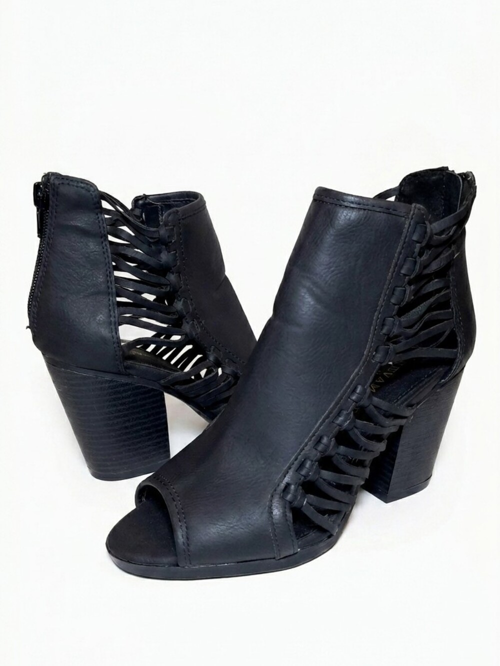 Revamped Sirens Black Faux Leather Bootie Strappy Heel Ankle Shoe Womens Size 6